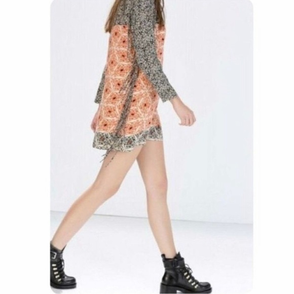 Zara | Black & Orange Shirt Fringe Print Color Block Mini Dress Medium - Picture 2 of 9